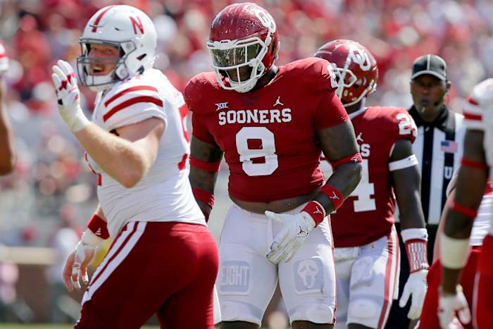 Oklahoma's Perrion Winfrey (8) lines up before a play a college football game between the University of Oklahoma Sooners (OU) and the Nebraska Cornhuskers at Gaylord Family-Oklahoma Memorial Stadium in Norman, Okla., Saturday, Sept. 18, 2021.
